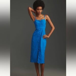 Anthropologie Blue Midi Dress Size 10 NWT Button Front Scallop Spaghetti Straps
